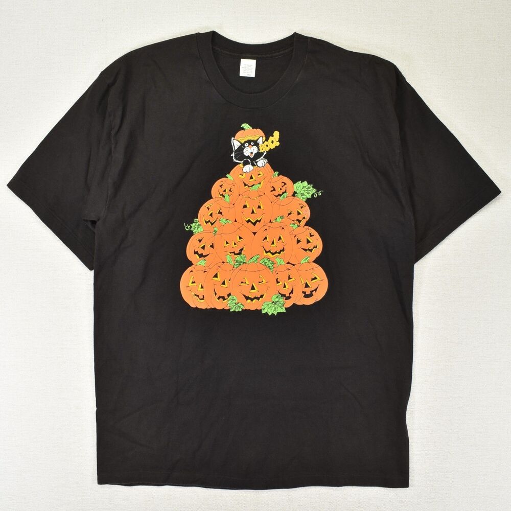Vintage 1994 Wild Side LA Halloween T Shirt Black Cat Pumpkin Stack BOO XL USA
